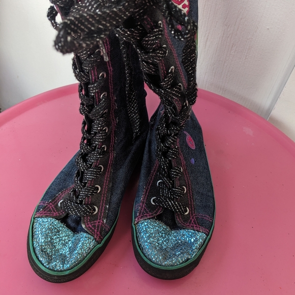 Bongo Girls Size 3 Denim Lace Up Boots with Patches and Sequins - Picture 4 of 7